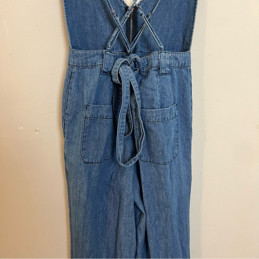 FREE PEOPLE- Wide-Leg Strappy Back Denim Overalls Boho Festival Night Out - Picture 7 of 11